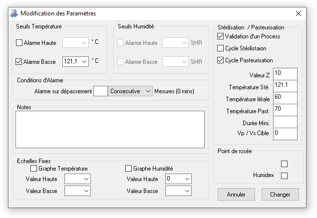 Gestion parametres Valeur pasteurisation